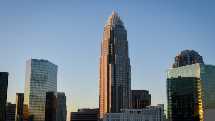 Bank of America headquarters building with modern digital banking and financial services concept