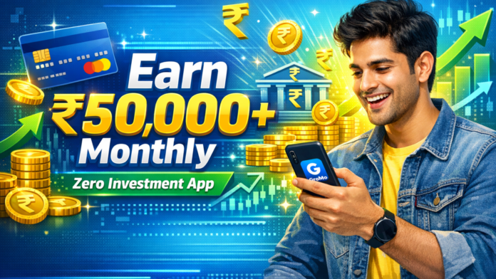 Gromo earning app thumbnail showing ₹50,000 monthly income idea with zero investment