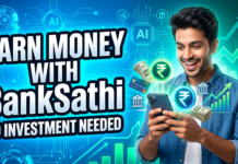 BankSathi: Smart Financial Solutions for a Better Future BankSathi earning app thumbnail showing online money earning with smartphone, rupee symbols, and financial icons