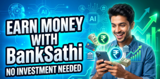 BankSathi: Smart Financial Solutions for a Better Future BankSathi earning app thumbnail showing online money earning with smartphone, rupee symbols, and financial icons