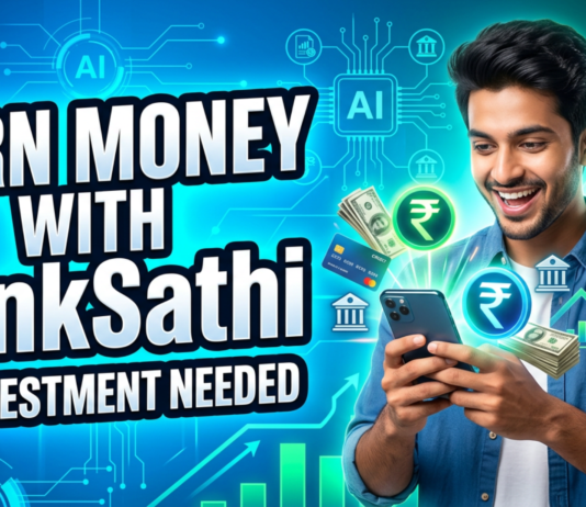 BankSathi: Smart Financial Solutions for a Better Future BankSathi earning app thumbnail showing online money earning with smartphone, rupee symbols, and financial icons