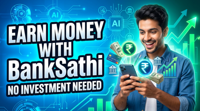 BankSathi: Smart Financial Solutions for a Better Future BankSathi earning app thumbnail showing online money earning with smartphone, rupee symbols, and financial icons