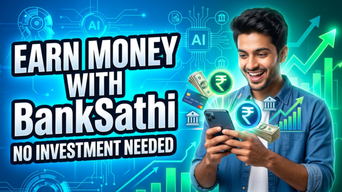 BankSathi earning app thumbnail showing online money earning with smartphone, rupee symbols, and financial icons